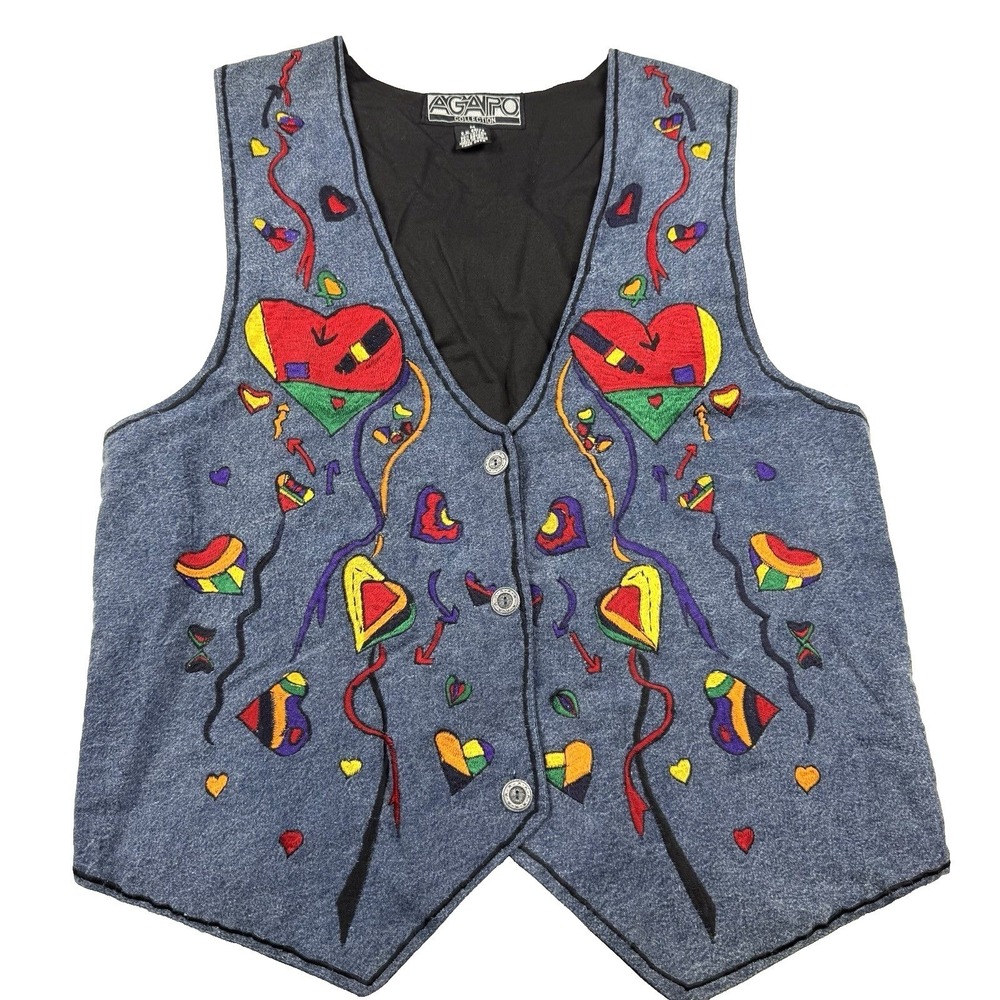 Embroidered Denim Vest‎ Pride Rainbow Heart Size Medium Agapo India Art Colorful